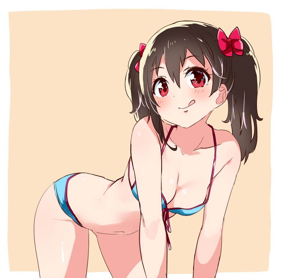 :q all_fours bangs bare_arms bare_legs bare_shoulders bent_over bikini black_hair blue_bikini blush bow breasts cleavage collarbone commentary eyebrows_visible_through_hair front-tie_bikini front-tie_top hair_between_eyes hair_bow hair_ornament halterneck kurokawa_makoto licking_lips looking_at_viewer love_live! love_live!_school_idol_project navel outside_border red_bow red_eyes shiny shiny_hair short_hair short_twintails simple_background small_breasts solo swimsuit tan_background tongue tongue_out twintails yazawa_nico