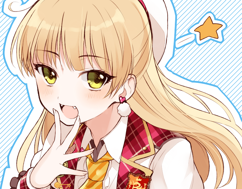 :d blonde_hair blue_background blush chisumi collared_shirt collared_vest comic diagonal-striped_background diagonal_stripes earrings eyebrows_visible_through_hair green_eyes hand_up hat heart heart_earrings idolmaster idolmaster_cinderella_girls jewelry jougasaki_rika long_hair long_sleeves looking_at_viewer necktie open_mouth outline pom_pom_earrings red_vest shirt smile solo star striped striped_background upper_body vest wing_collar yellow_neckwear
