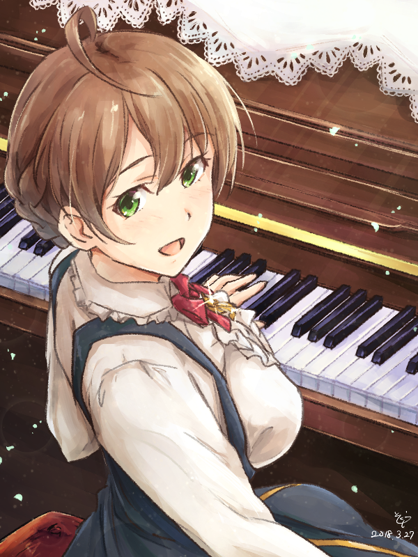 :d ahoge bangs bow bowtie braid brown_hair center_frills dated dress green_eyes idolmaster idolmaster_million_live! idolmaster_million_live!_theater_days instrument lace long_sleeves looking_back open_mouth piano piano_bench pinafore_dress red_neckwear sakuramori_kaori shirt signature sitting smile sokura_(mellow) solo tied_hair white_shirt