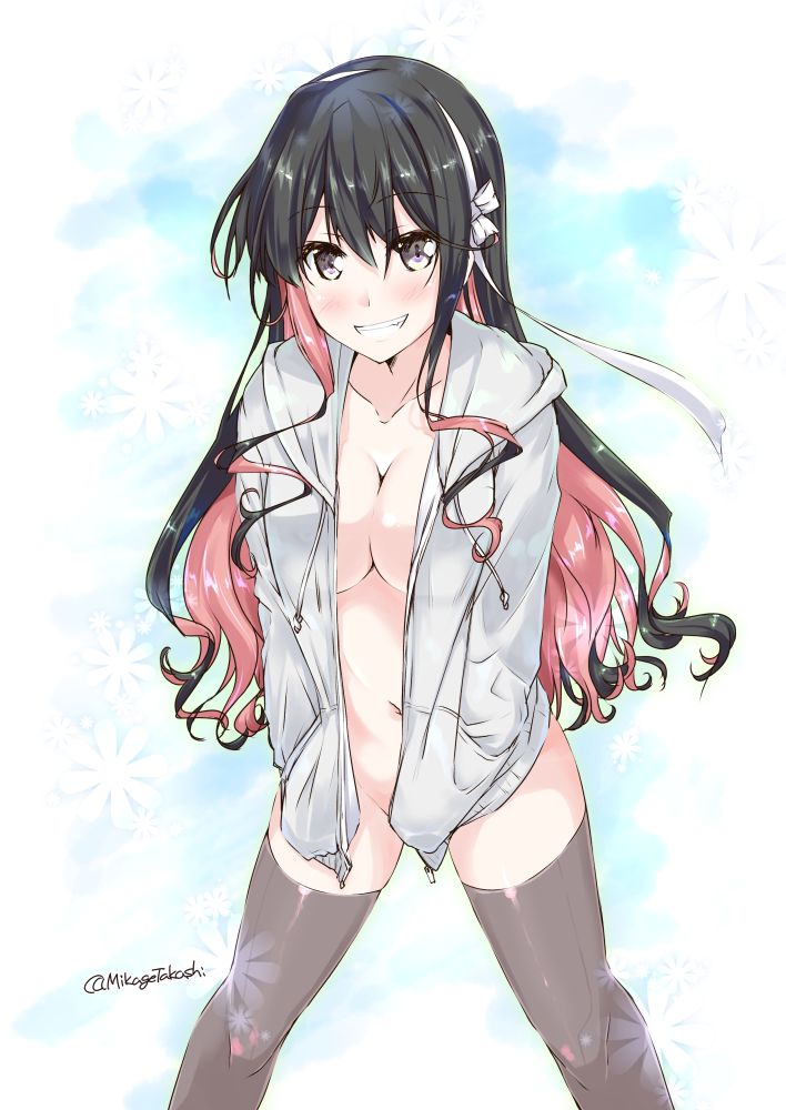 :d black_hair black_legwear blue_background blush bottomless breasts cleavage collarbone commentary_request drawstring eyebrows_visible_through_hair feet_out_of_frame grin groin hairband hands_in_pockets hood hood_down hoodie kantai_collection large_breasts leaning_forward legs_apart long_hair long_sleeves mikage_takashi multicolored_hair naganami_(kantai_collection) naked_hoodie navel no_bra no_panties open_clothes open_hoodie open_mouth pink_hair remodel_(kantai_collection) silver_eyes smile solo standing stomach teeth thighhighs two-tone_hair unzipped very_long_hair wavy_hair zipper