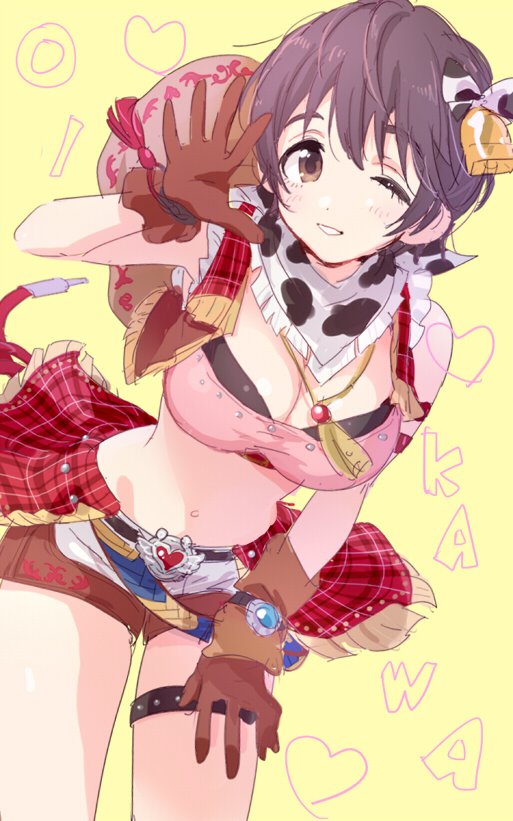 animal_print bell blush bow breasts brown_eyes brown_hair cleavage commentary cow_print gloves hair_bell hair_bow hair_ornament idolmaster idolmaster_cinderella_girls idolmaster_cinderella_girls_starlight_stage large_breasts legband machiko_(beard) oikawa_shizuku one_eye_closed short_hair shorts smile solo