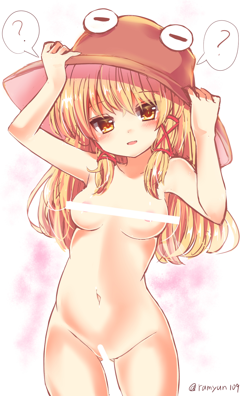 =_= ? adjusting_clothes adjusting_hat areolae arms_up artist_name bar_censor blonde_hair breasts brown_hat censored collarbone commentary_request cowboy_shot eyebrows_visible_through_hair hair_ribbon hat head_tilt highres long_hair looking_at_viewer medium_breasts moriya_suwako navel nipple_censor nude parted_lips ramudia_(lamyun) red_ribbon ribbon sidelocks simple_background smile solo spoken_question_mark standing touhou twitter_username white_background white_censor_bar yellow_eyes