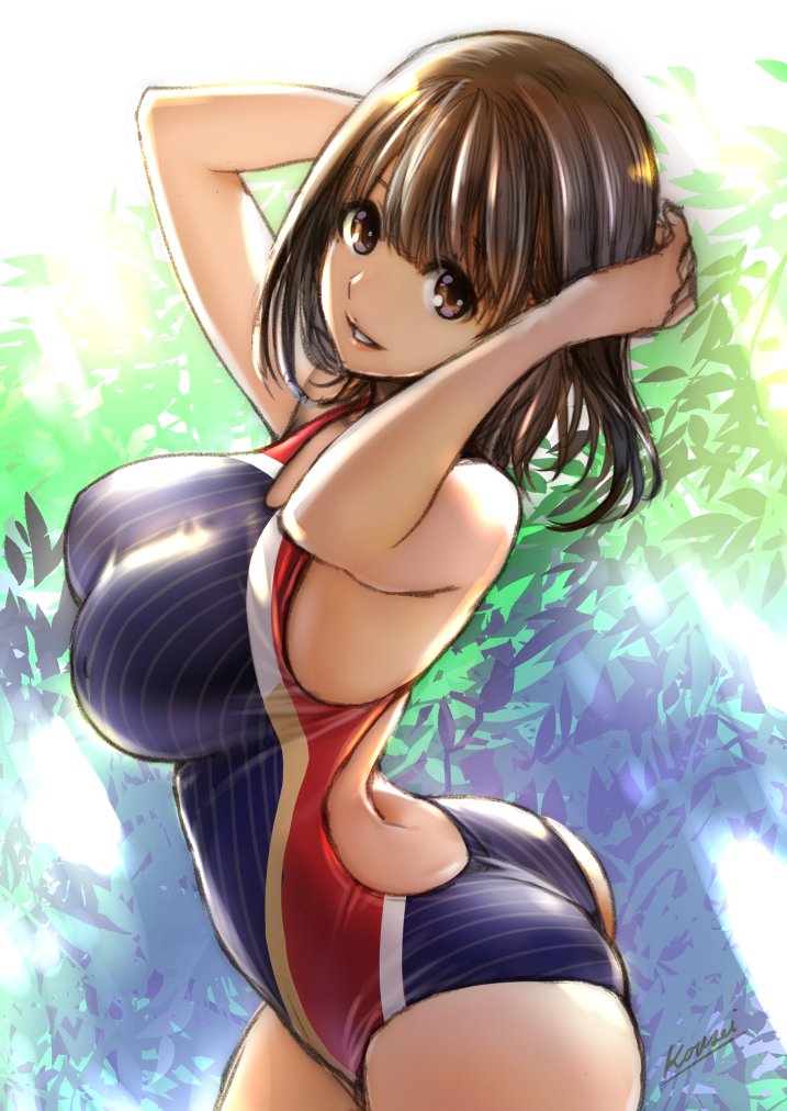arms_up ass blue_swimsuit breasts brown_eyes brown_hair commentary_request competition_swimsuit cowboy_shot large_breasts looking_at_viewer mitarashi_kousei nene_(sengoku_musou) one-piece_swimsuit original sengoku_musou sengoku_musou_2 short_hair signature solo striped striped_swimsuit swimsuit