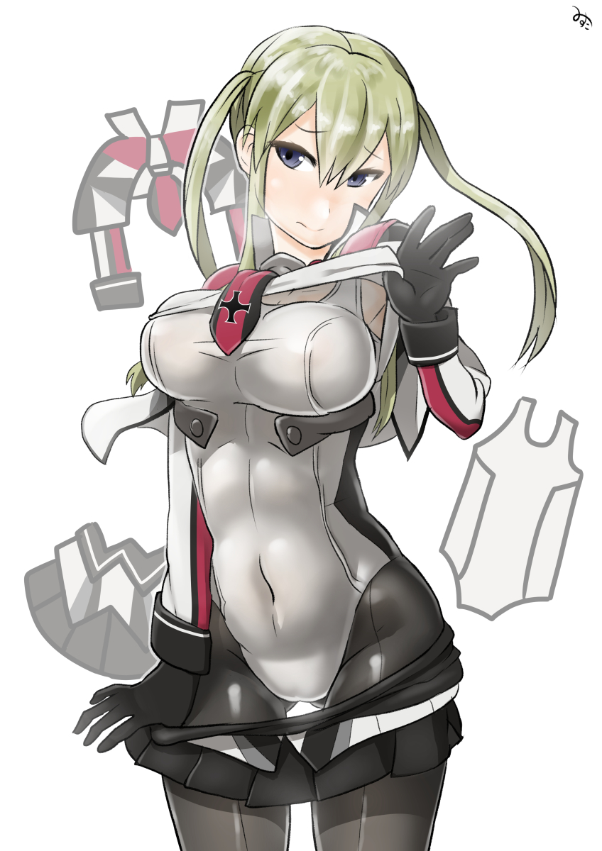 ass_visible_through_thighs black_gloves black_legwear black_skirt blonde_hair breasts commentary_request cowboy_shot gloves graf_zeppelin_(kantai_collection) grey_eyes hair_between_eyes highres iron_cross kantai_collection large_breasts military military_uniform miniskirt mr._t necktie pantyhose pantyhose_under_swimsuit pleated_skirt sidelocks simple_background skirt solo swimsuit swimsuit_under_clothes tsurime twintails undressing uniform white_background white_swimsuit