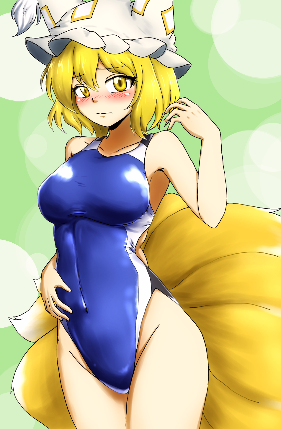 animal_ears blonde_hair blue_swimsuit blush breasts competition_swimsuit d-m_(dii_emu) fox_ears fox_tail green_background hand_on_own_stomach hat highres kitsune looking_at_viewer medium_breasts multiple_tails one-piece_swimsuit pillow_hat short_hair solo swimsuit tail touhou yakumo_ran yellow_eyes