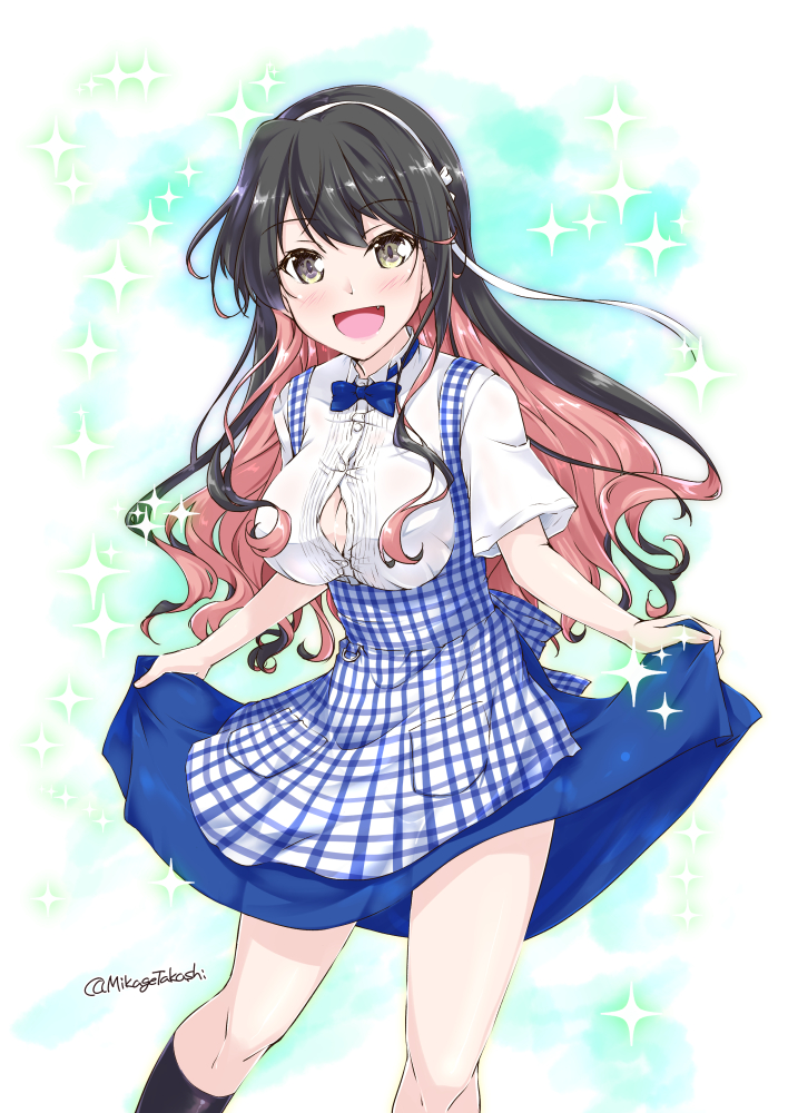:d alternate_costume apron black_hair blue_dress blue_neckwear bow bowtie breasts bursting_breasts button_gap cowboy_shot dress fang gingham hair_ribbon hairband kantai_collection kneehighs kobeya koubeya_uniform large_breasts long_hair looking_at_viewer mikage_takashi multicolored_hair naganami_(kantai_collection) open_mouth pink_hair plaid plaid_apron ribbon skirt_hold smile solo star starry_background twitter_username two-tone_hair waitress wavy_hair white_background white_hairband