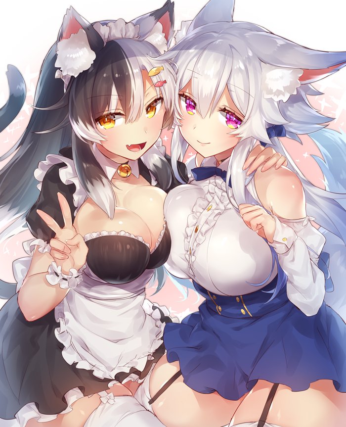 :d animal_ears apron arm_around_shoulder arm_garter bare_shoulders bell black_dress black_hair blue_dress blush breast_press breasts bright_pupils cat_ears cat_tail cleavage closed_mouth detached_collar dress eyebrows_visible_through_hair fang garter_straps grey_hair hand_up jingle_bell large_breasts long_hair maid maid_apron maid_headdress multicolored_hair multiple_girls neck_bell open_mouth orange_eyes original paw_pose puffy_short_sleeves puffy_sleeves purple_eyes short_sleeves slit_pupils smile symmetrical_docking tail thighhighs two-tone_hair v waist_apron white_apron white_legwear wing_collar yamaarashi