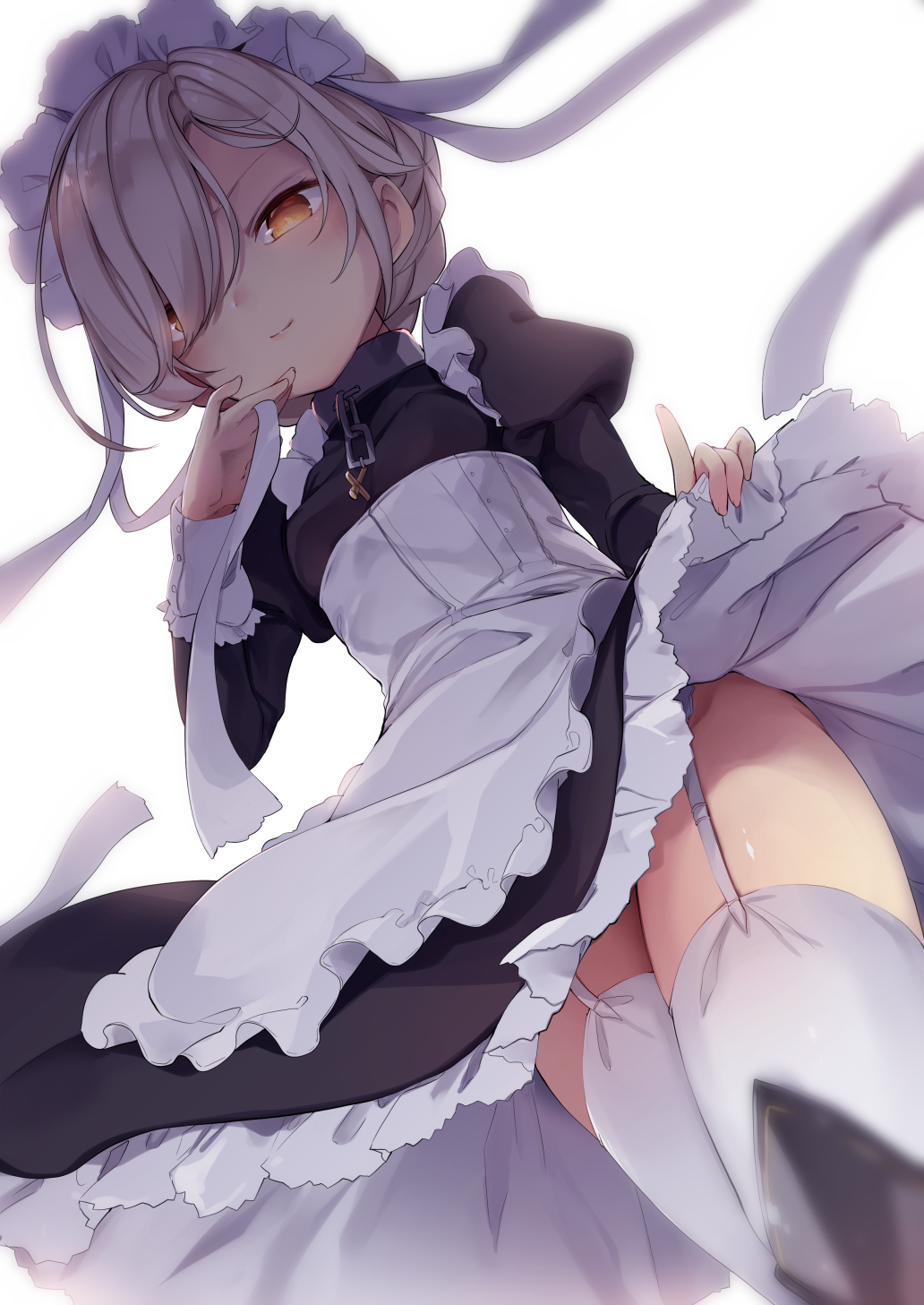 apron azur_lane black_dress chain collar commentary_request dress dress_lift frilled_apron frills from_below garter_belt garter_straps hair_over_one_eye highres kedama_milk lifted_by_self long_sleeves looking_at_viewer looking_down maid maid_apron maid_headdress no_panties platinum_blonde_hair ribbon sheffield_(azur_lane) short_hair simple_background smile solo thighhighs white_apron white_background white_legwear white_ribbon yellow_eyes