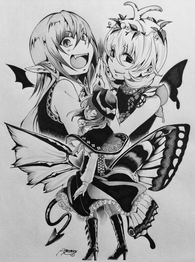 antennae aozora_taf artist_name bare_arms bird_wings boots bow butterfly_wings capelet closed_mouth corset demon_tail dress eternity_larva eyebrows_visible_through_hair fangs from_behind greyscale hair_between_eyes hair_ornament hand_up hands_together hat hat_bow high_heels koakuma leaf_hair_ornament long_hair long_sleeves looking_at_viewer looking_back monochrome multiple_girls open_mouth pointy_ears short_hair simple_background skirt smile staring tail touhou traditional_media usami_renko wings