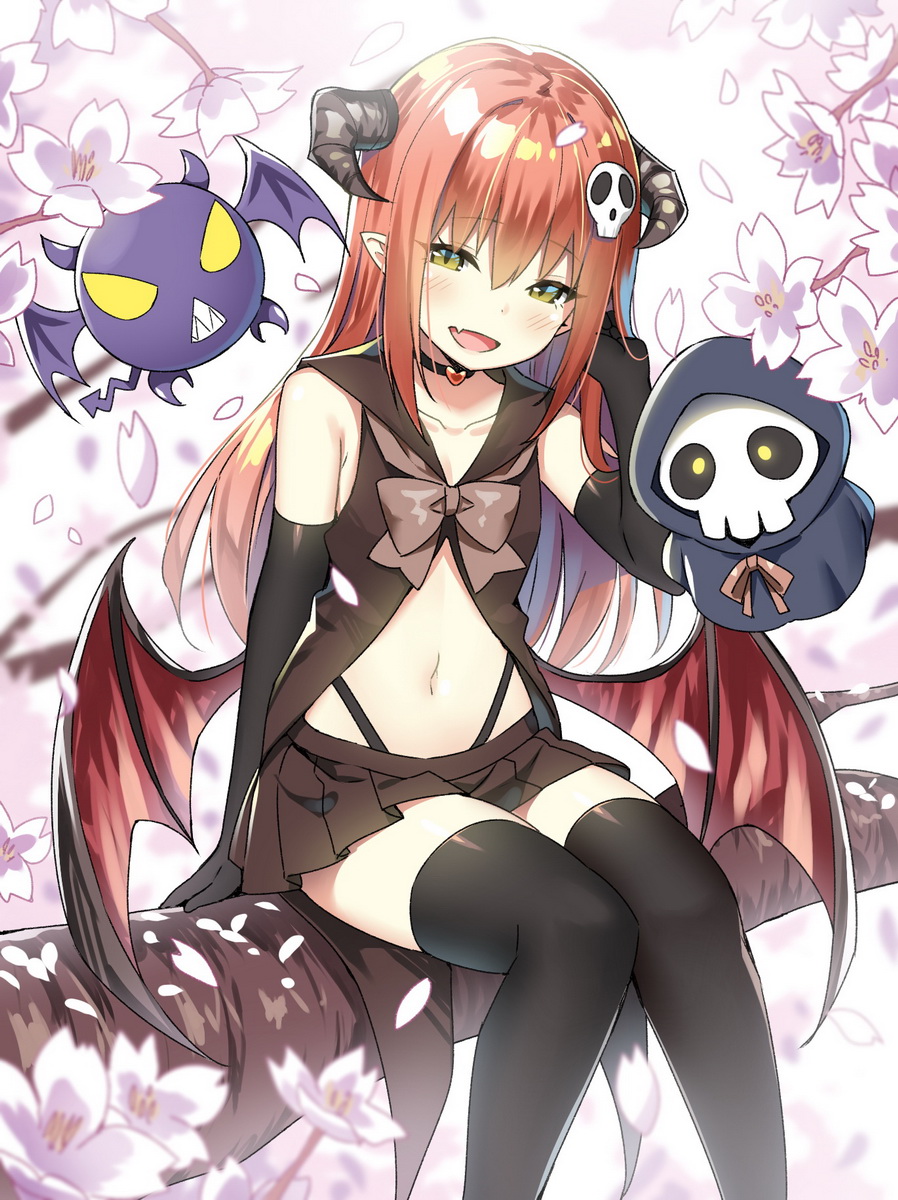 :d bat black_gloves black_legwear black_panties blurry blush bow bowtie brown_bow brown_neckwear brown_skirt character_request cherry_blossoms collarbone creature demon_girl demon_wings depth_of_field elbow_gloves fang feet_out_of_frame flat_chest floating flying ghost gloves hair_ornament hand_in_hair hand_up highres in_tree long_hair looking_at_viewer miniskirt navel open_mouth orange_hair panties pleated_skirt red_wings shadowverse sharp_teeth shiny shiny_hair sidelocks sitting sitting_in_tree skirt skull skull_hair_ornament sky_(freedom) smile solo stomach teeth thighhighs thong tree tree_branch underwear wings yellow_eyes zettai_ryouiki
