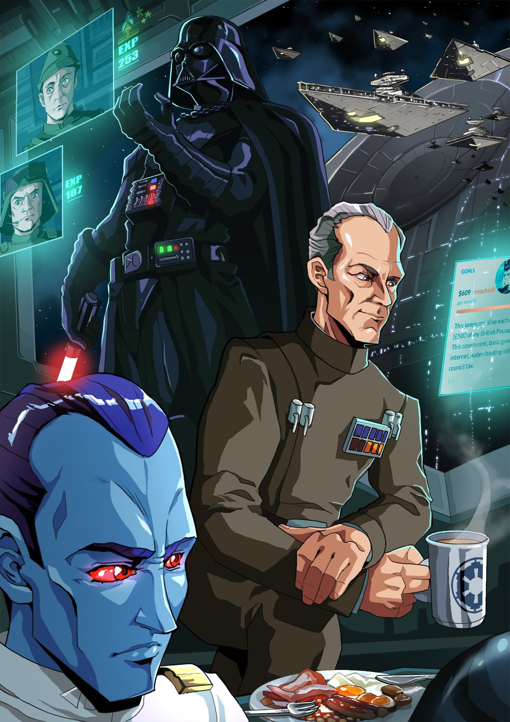 bacon beans blue_skin breakfast coffee coffee_mug commentary cup darth_vader death_star egg energy_sword english food fried_egg galactic_empire grand_admiral_thrawn grand_moff_tarkin highres holographic_interface lightsaber mug multiple_boys otaking red_eyes sausage star_destroyer star_wars sword weapon