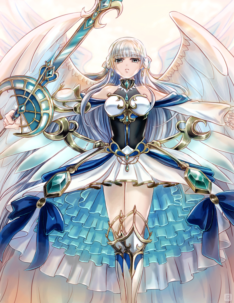 blue_bow boots bow cropped_legs earrings expressionless feathered_wings frills gem greaves grey_eyes hai_(pixiv26156235) holding holding_sword holding_weapon iris_(shironeko_project) jewelry knee_boots long_hair looking_at_viewer outstretched_arms shironeko_project silver_hair simple_background skirt solo spread_arms sword very_long_hair weapon white_background white_skirt white_wings wings