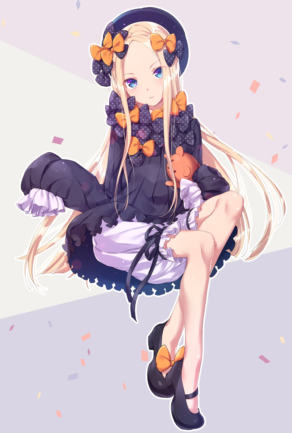 abigail_williams_(fate/grand_order) bangs black_bow black_dress black_footwear black_hat blonde_hair bloomers blue_eyes bow bug butterfly commentary_request dress fate/grand_order fate_(series) forehead hair_bow hat head_tilt highres insect long_hair long_sleeves looking_at_viewer mary_janes object_hug orange_bow parted_bangs parted_lips polka_dot polka_dot_bow shoes sitting sleeves_past_fingers sleeves_past_wrists solo stuffed_animal stuffed_toy teddy_bear tsuru_ringo underwear very_long_hair white_bloomers