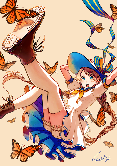 :o akagi_shun bloomers blue_eyes blue_ribbon boots braid brown_footwear brown_hair bug butterfly commentary_request dress eyebrows_visible_through_hair falling hands_up hat hat_ribbon insect long_hair looking_at_viewer open_mouth original ribbon signature simple_background solo sun_hat twin_braids underwear white_dress yellow_background
