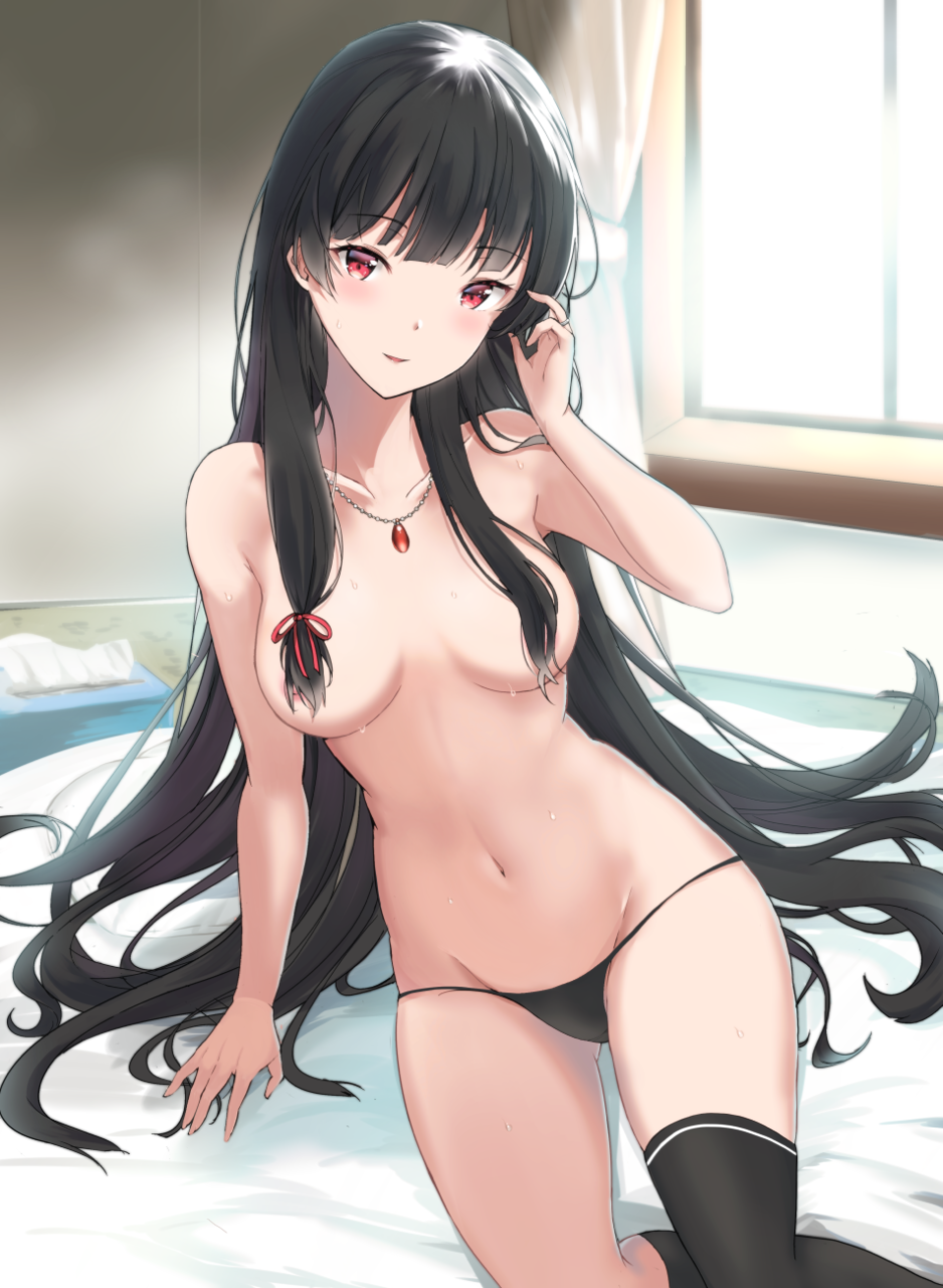 areola_slip areolae arm_support ass_visible_through_thighs asymmetrical_legwear bangs black_hair black_legwear black_panties blunt_bangs blush breasts curtains dot_nose eyebrows_visible_through_hair futon groin hair_censor hair_over_breasts hair_tucking hand_up highres indoors isokaze_(kantai_collection) jewelry kantai_collection kneehighs long_hair looking_at_viewer medium_breasts navel necklace panties parted_lips pendant red_eyes ring sidelocks single_kneehigh single_stripe single_thighhigh sitting smile solo string_panties sweat takaharu thighhighs tissue_box topless underwear underwear_only very_long_hair wedding_band window yokozuwari