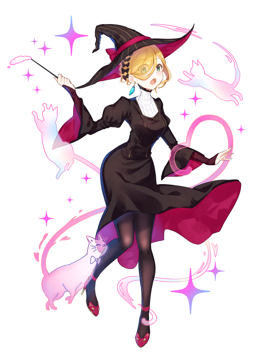 black_dress black_legwear blonde_hair bow cat dress eyes_visible_through_hair full_body green_eyes hair_over_one_eye hat hat_bow high_heels highres long_sleeves looking_at_viewer magic mugi_(iccomae) open_mouth original pantyhose puffy_long_sleeves puffy_sleeves solo sparkle turtleneck two-tone_dress wand witch witch_hat