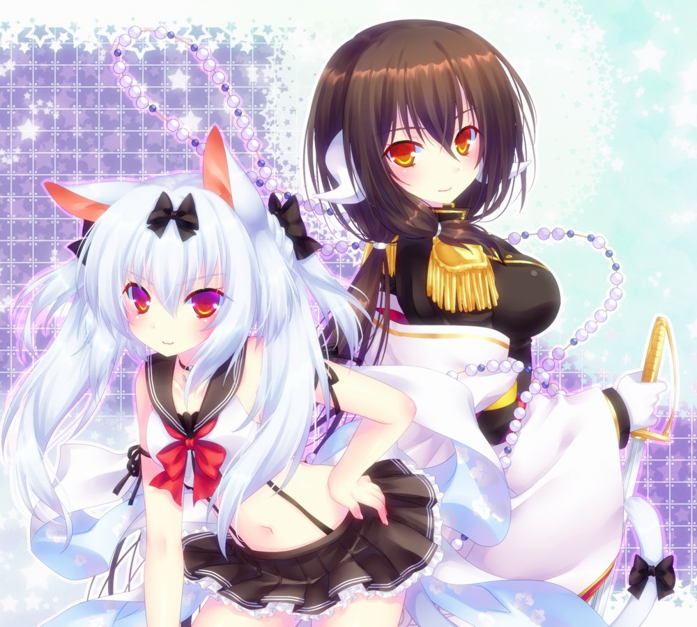 :3 animal_ears azur_lane bent_over black_hair bow cat_ears choker commentary_request epaulettes hair_bow hair_ribbon holding long_hair looking_at_viewer mikasa_(azur_lane) mikoto_(mikoto_r_a) military military_uniform multiple_girls naval_uniform navel oni_horns orange_eyes pleated_skirt ribbon school_uniform serafuku short_hair skirt smile sword twintails uniform weapon white_hair yukikaze_(azur_lane)