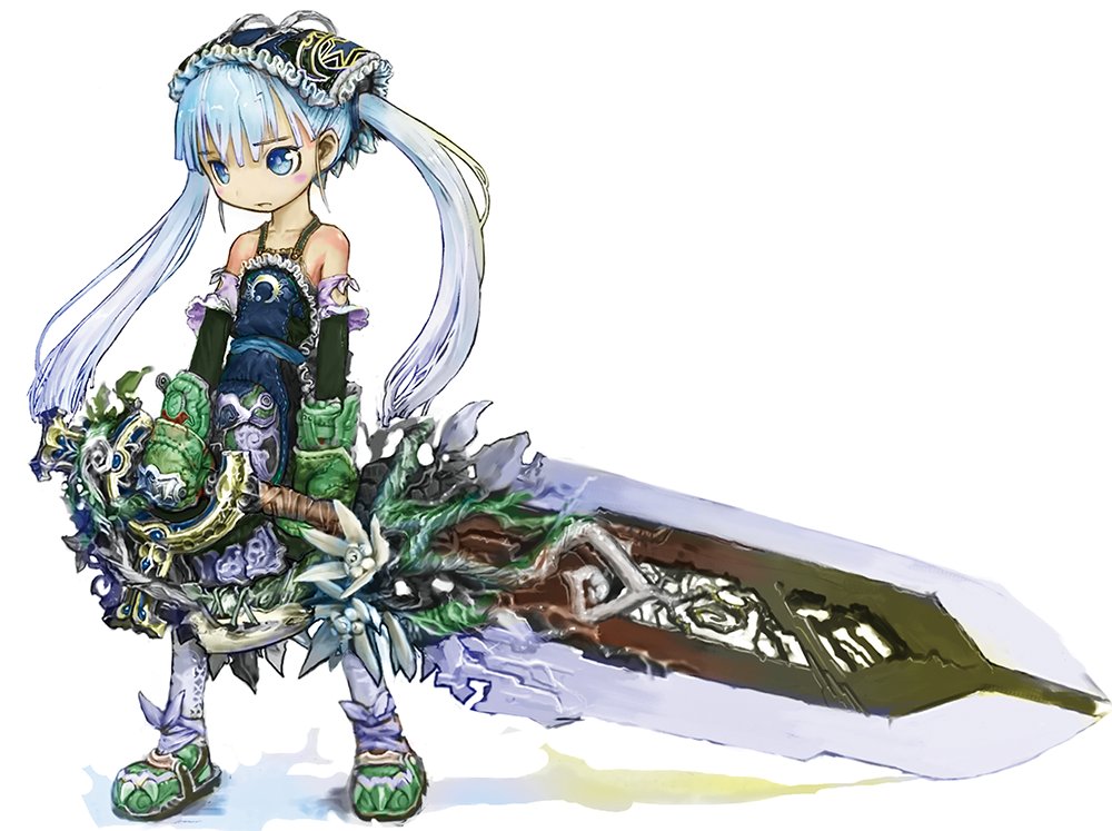 bare_shoulders blue_eyes blue_hair blush character_request collarbone copyright_request eyebrows_visible_through_hair full_body holding holding_sword holding_weapon long_hair looking_away oversized_object parted_lips solo sword tsukushi_akihito twintails weapon