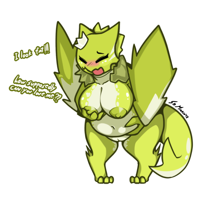 blush breasts crown dragon embarrassed female front_view green_skin not_furry overweight overweight_female princess pussy royalty scalie simple_background solo srmario towergirls white_background wyvern wyvern_princess_(towergirls)