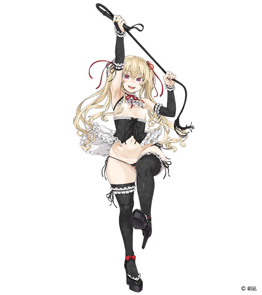 asanagi black_corset black_legwear blonde_hair corset flat_chest frilled_corset frills garters high_heels looking_at_viewer smile tagme twintails whip wide_hips