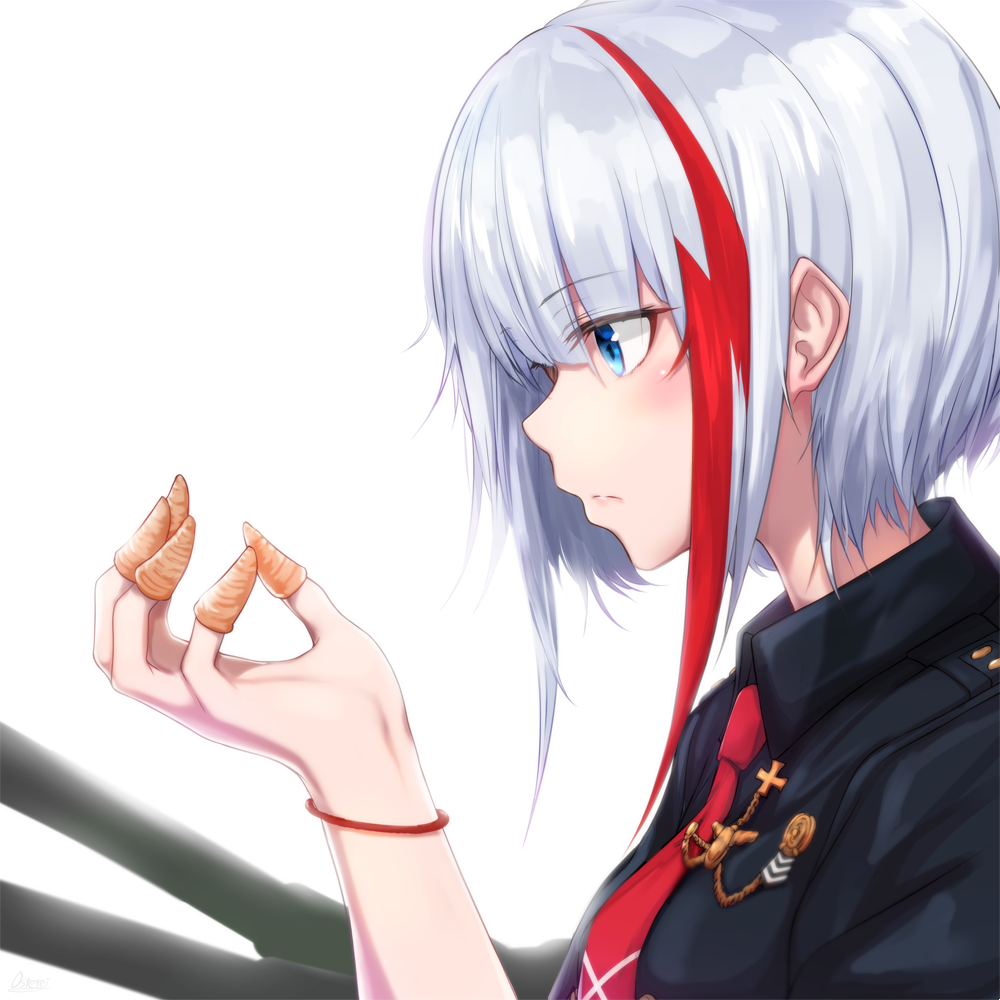 admiral_graf_spee_(azur_lane) azur_lane black_shirt blue_eyes blush bugles closed_mouth collared_shirt expressionless eyebrows_visible_through_hair food from_side military military_uniform multicolored_hair necktie osterei profile red_hair red_neckwear shirt short_hair silver_hair simple_background solo streaked_hair turret uniform upper_body white_background wing_collar wristband