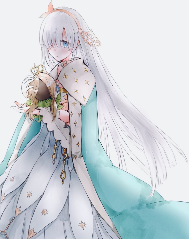 anastasia_(fate/grand_order) bangs blue_eyes cape commentary_request crown doll dress eyebrows_visible_through_hair fate/grand_order fate_(series) hair_over_one_eye hairband holding jewelry kakao_02 long_hair looking_at_viewer mini_crown ribbon royal_robe silver_hair solo very_long_hair