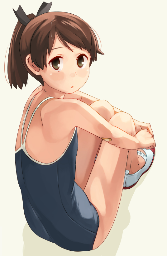 :o armpits back bandaid bandaid_on_elbow bangs beige_background blue_swimsuit blush breasts brown_hair clenched_hands clothes_writing competition_school_swimsuit from_behind full_body grey_eyes hair_ribbon hands_together high_ponytail kantai_collection knees_up leg_hug legs_together looking_at_viewer looking_back makio_(makiomeigenbot) medium_hair name_tag no_socks one-piece_swimsuit parted_bangs parted_lips ponytail ribbon school_swimsuit shadow shikinami_(kantai_collection) shoes short_ponytail simple_background sitting small_breasts solo surprised swept_bangs swimsuit uwabaki white_footwear