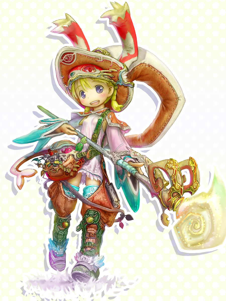 :d animal_ears blonde_hair blue_eyes boots breasts bunny_ears child eyebrows_visible_through_hair fake_animal_ears fantasy full_body hat highres holding holding_staff made_in_abyss open_mouth short_hair small_breasts smile solo staff thighhighs tsukushi_akihito twintails white_hat witch
