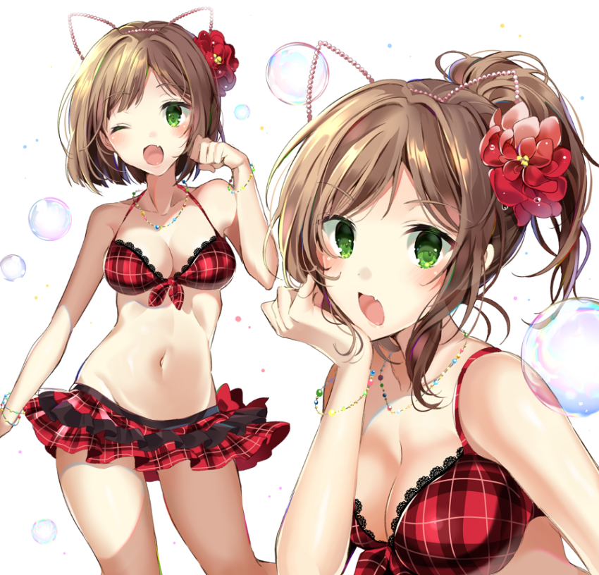 ;o animal_ears bangs bare_shoulders bikini bikini_skirt blush bracelet breasts brown_hair cat_ears cleavage collarbone eyebrows_visible_through_hair fang flower green_eyes hair_flower hair_ornament idolmaster idolmaster_cinderella_girls jewelry lace lace-trimmed_bikini large_breasts looking_at_viewer maekawa_miku navel necklace one_eye_closed open_mouth paw_pose pinb plaid plaid_bikini plaid_skirt ponytail red_bikini red_flower red_skirt short_hair simple_background skirt solo swimsuit white_background