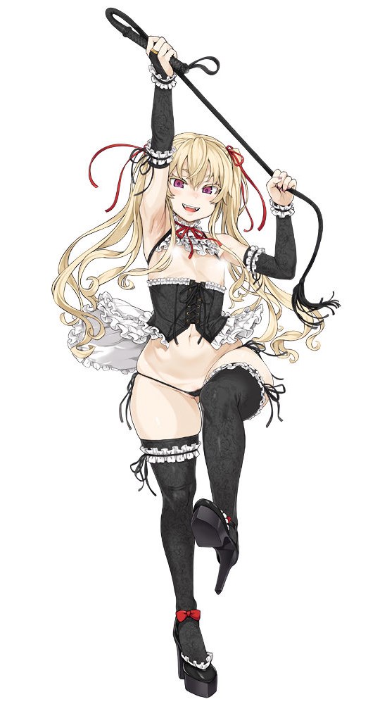 1girl asanagi black_corset black_legwear blonde_hair corset flat_chest frilled_corset frills garters high_heels looking_at_viewer smile solo standing standing_on_one_leg tagme twintails whip wide_hips