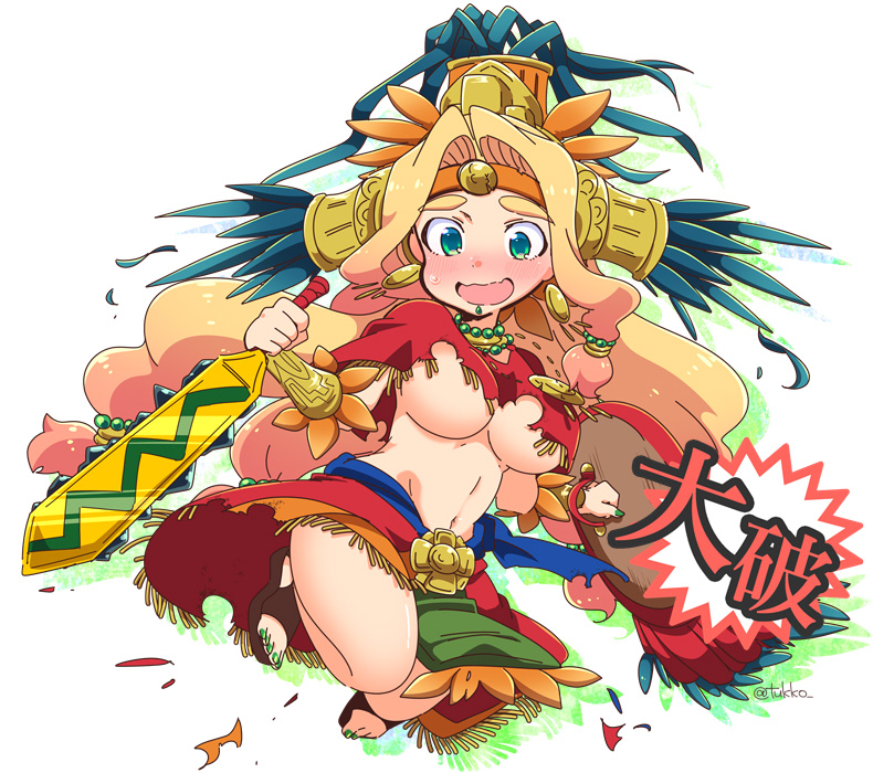 :d aztec bead_necklace beads blonde_hair blush bracer breasts brown_footwear chin_piercing crack earrings eyebrows eyebrows_visible_through_hair fate/grand_order fate_(series) feathers fingernails full_body green_nails groin hair_beads hair_intakes hair_ornament headband headdress holding holding_shield holding_sword holding_weapon jewelry kantai_collection knees_together_feet_apart large_breasts loincloth long_hair low-tied_long_hair midriff miniskirt nail_polish navel neck_ring necklace open_mouth parody piercing poncho quetzalcoatl_(fate/grand_order) sandals shield silhouette simple_background skirt smile solo stomach sweatdrop sword toenail_polish toenails torn_clothes tsukko_(3ki2ne10) twitter_username underboob very_long_hair wavy_mouth weapon white_background