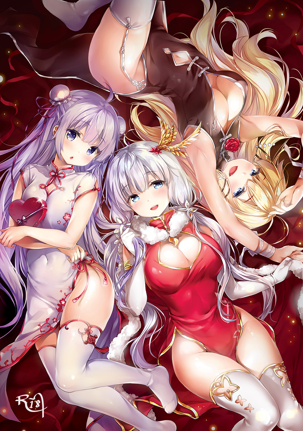 :d :o ahoge armpits arms_up azur_lane bangs black_dress blonde_hair blue_eyes blush box breasts bun_cover chestnut_mouth china_dress chinese_clothes chiyingzai cleavage cleavage_cutout commentary_request covered_navel double_bun dress elbow_gloves eyebrows_visible_through_hair fang flower fur_trim garter_straps gloves hair_ornament hair_ribbon heart-shaped_box highres illustrious_(azur_lane) large_breasts long_hair looking_at_viewer low_twintails md5_mismatch multiple_girls navel navel_cutout no_panties no_shoes open_mouth purple_eyes purple_hair purple_ribbon red_dress ribbon rose side_bun small_breasts smile thighhighs twintails unicorn_(azur_lane) very_long_hair victorious_(azur_lane) white_dress white_gloves white_hair white_legwear white_ribbon wrist_ribbon