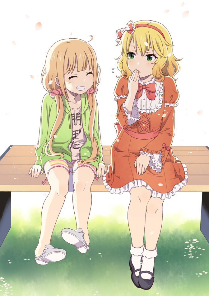 :o bench bike_shorts blonde_hair bobby_socks bow bowtie clothes_writing dress frilled_dress frilled_sleeves frills full_body futaba_anzu green_eyes hair_bow hair_ornament hair_scrunchie hairband hand_to_own_mouth hood hoodie idolmaster idolmaster_cinderella_girls loafers long_hair looking_at_another low_twintails mary_janes mattaku_mousuke multiple_girls open_clothes open_hoodie petals pink_scrunchie red_bow red_dress sakurai_momoka scrunchie shirt shoes short_hair sitting smile socks striped striped_bike_shorts t-shirt teeth twintails wavy_hair