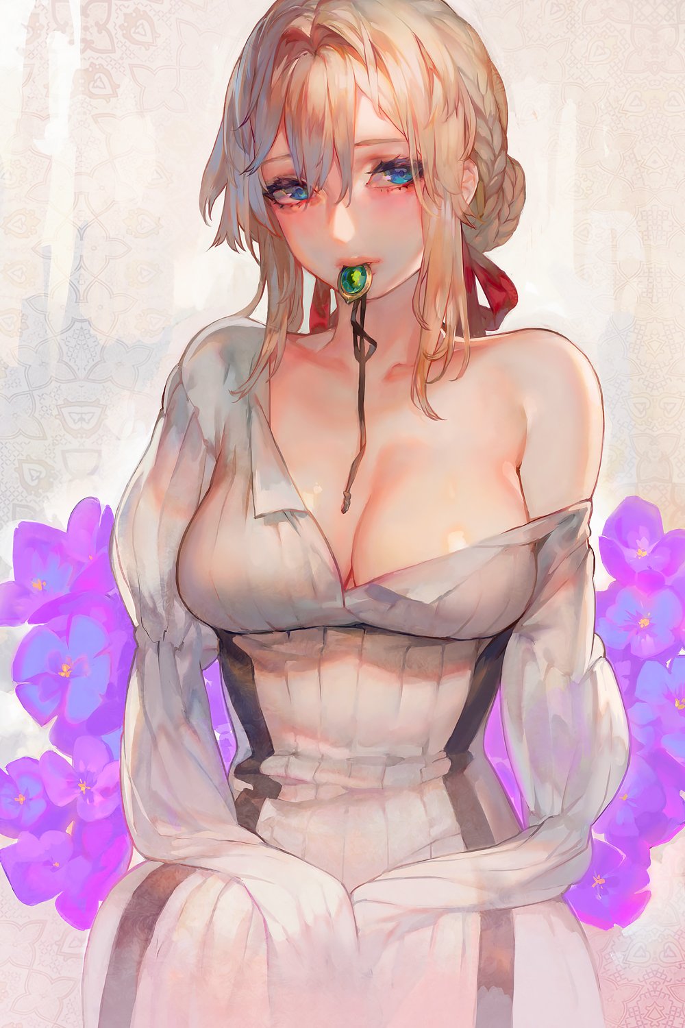 amputee aoin blonde_hair blue_eyes braid breasts commentary_request double_amputee dress flower gem grey_dress hair_ribbon highres large_breasts looking_at_viewer mouth_hold red_ribbon ribbon single_bare_shoulder sitting solo violet_evergarden violet_evergarden_(character)