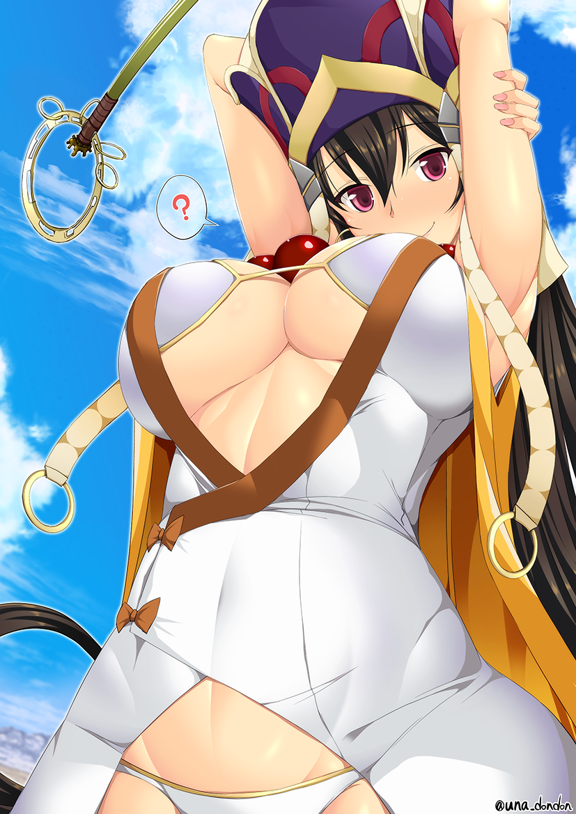 ? armpits arms_behind_head arms_up bead_necklace beads bikini bikini_top blue_sky blush breasts brown_hair cleavage commentary_request day earrings fate/grand_order fate_(series) hair_between_eyes hat headdress hoop_earrings japanese_clothes jewelry kimono large_breasts long_hair looking_at_viewer necklace prayer_beads purple_eyes shakujou short_kimono sky sleeveless sleeveless_kimono smile solo spoken_question_mark staff swimsuit unadon vest white_bikini white_kimono xuanzang_(fate/grand_order) yellow_vest