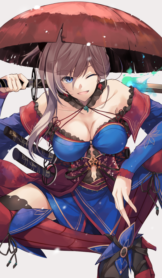 ;d arm_up asymmetrical_hair bare_shoulders black_legwear blue_eyes blue_kimono boots breasts brown_hair cleavage collarbone earrings eyebrows_visible_through_hair fate/grand_order fate_(series) gradient gradient_background grey_background hair_between_eyes hat high_heel_boots high_heels hirai_yuzuki holding holding_sword holding_weapon indian_style japanese_clothes jewelry kimono kimono_pull knee_boots knee_pads large_breasts long_hair long_sleeves looking_at_viewer miyamoto_musashi_(fate/grand_order) navel obi off_shoulder one_eye_closed open_mouth red_footwear red_hat sash sheath sheathed sitting smile solo sword thighhighs_under_boots tsurime weapon