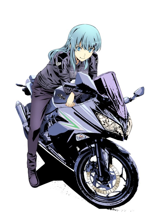 bent_over black_footwear black_pants blue_eyes blue_hair boots closed_mouth commentary_request ground_vehicle hair_ornament hairclip ishii_hisao jacket kantai_collection leather leather_jacket long_hair looking_at_viewer motor_vehicle motorcycle on_motorcycle pants simple_background sitting smile smug solo suzuya_(kantai_collection) white_background