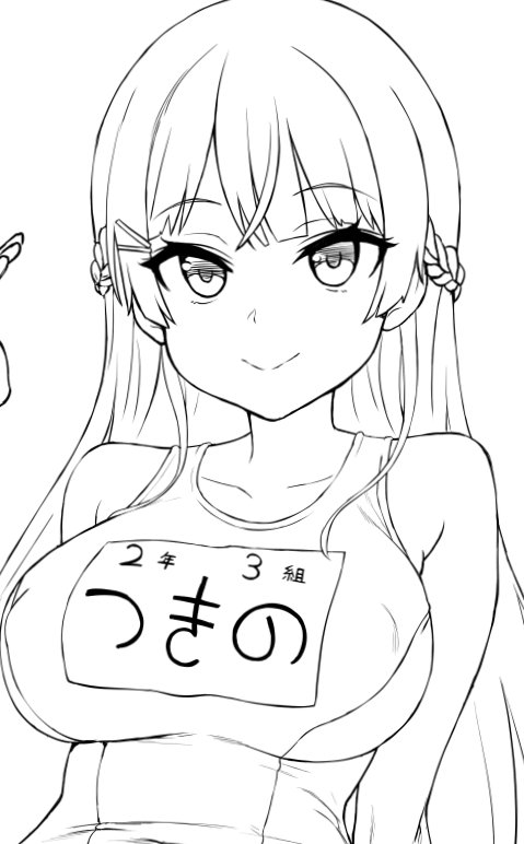 asanagi bangs bare_shoulders braid breasts closed_mouth collarbone covered_nipples crossed_bangs eyebrows eyebrows_visible_through_hair eyelashes french_braid large_breasts lineart long_hair monochrome name_tag nijisanji one-piece_swimsuit school_swimsuit simple_background smile solo straight_hair swimsuit tsukino_mito upper_body virtual_youtuber white_background