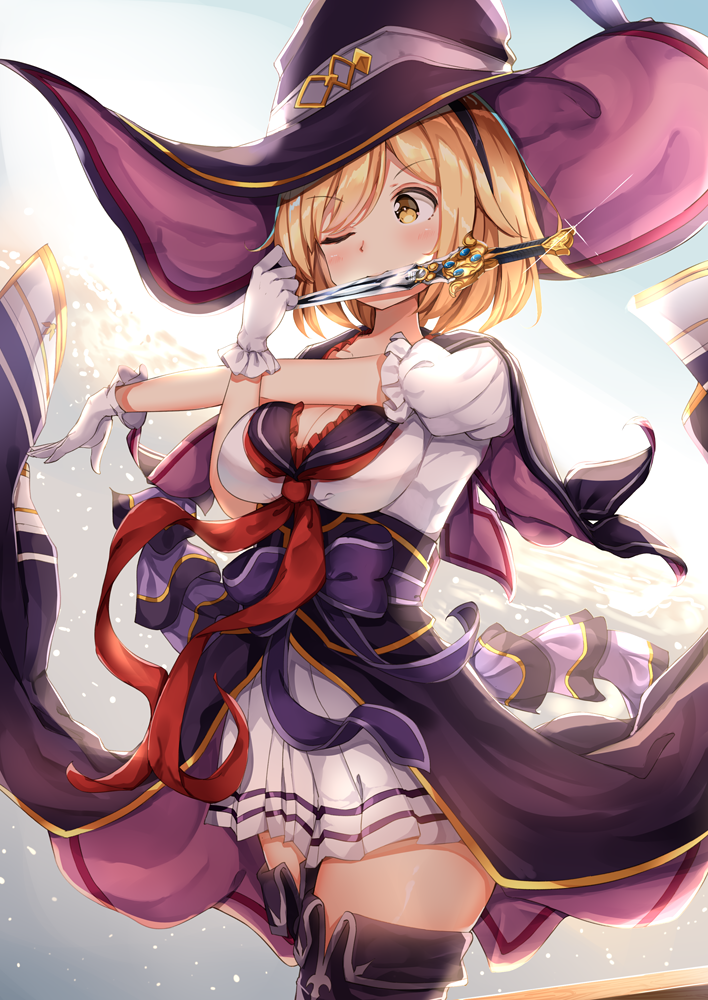 arm_across_chest bangs black_footwear black_hat black_legwear black_sailor_collar blonde_hair blue_sky blush boots breasts brown_eyes cleavage closed_mouth collarbone commentary_request dagger day djeeta_(granblue_fantasy) eyebrows_visible_through_hair gloves granblue_fantasy hat medium_breasts mouth_hold neckerchief one_eye_closed outdoors pleated_skirt red_neckwear sailor_collar school_uniform serafuku shiero. shirt skirt sky solo thigh_boots thighhighs weapon white_gloves white_shirt white_skirt witch_hat