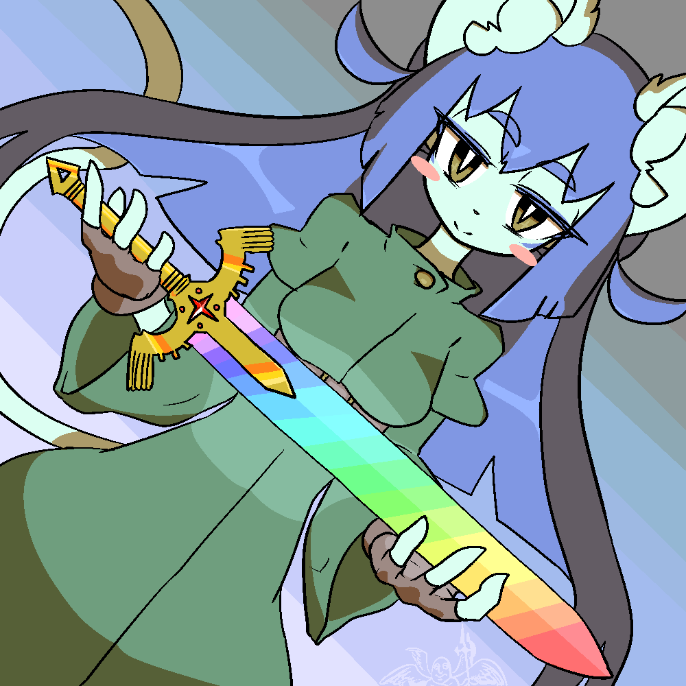 1girl artist_request blue_hair brown_eyes cat furry green_clothes long_hair solo sword