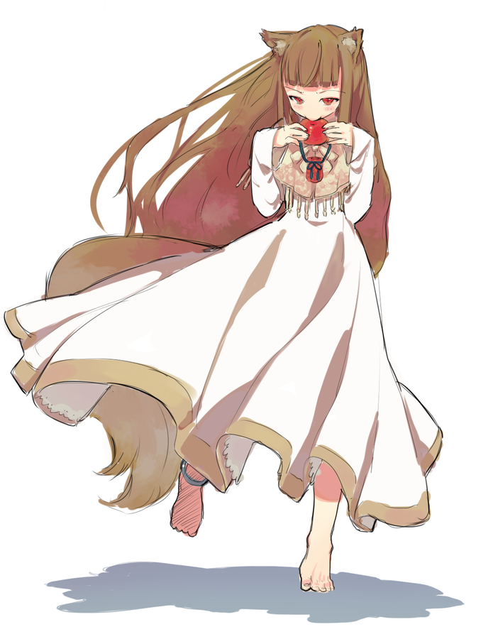 animal_ears anklet apple barefoot biting blush brown_hair dress feet food fruit hands holo jewelry long_hair pouch red_eyes s.o_chin solo spice_and_wolf tail wolf_ears wolf_tail