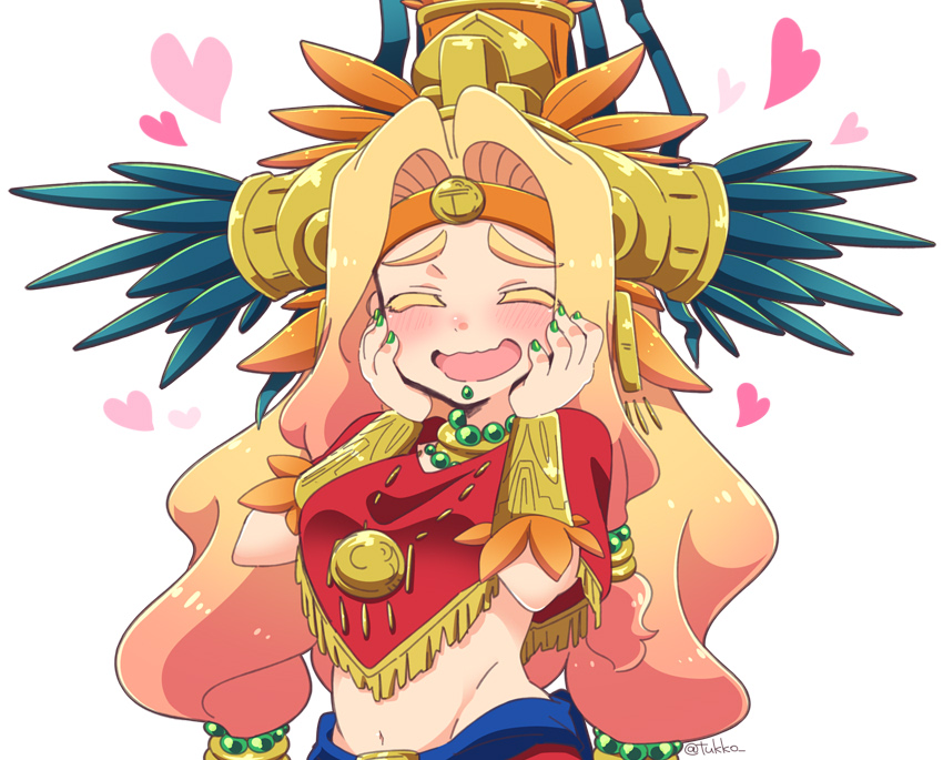 :d ^_^ aztec bead_necklace beads blonde_hair blush bracer chin_piercing closed_eyes colored_eyelashes eyebrows eyebrows_visible_through_hair fate/grand_order fate_(series) feathers fingernails green_nails groin hair_beads hair_intakes hair_ornament hands_on_own_cheeks hands_on_own_face headband headdress heart jewelry long_hair low-tied_long_hair nail_polish navel neck_ring necklace open_mouth piercing poncho quetzalcoatl_(fate/grand_order) simple_background smile solo stomach tsukko_(3ki2ne10) twitter_username very_long_hair wavy_mouth white_background