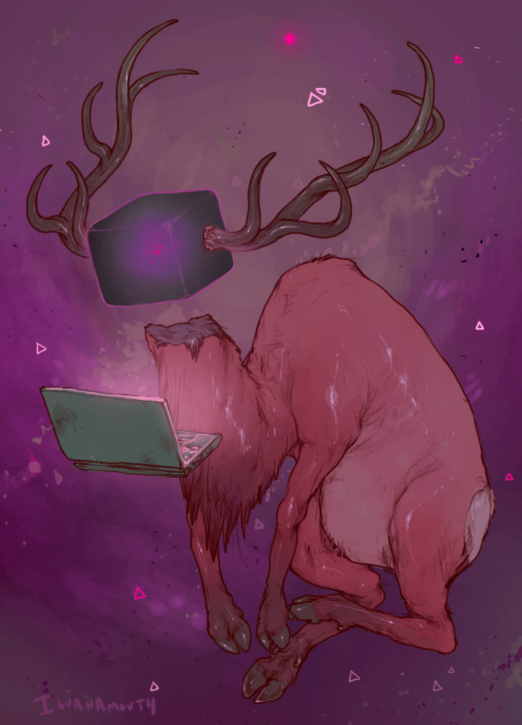 ambiguous_gender animate_inanimate animated antlers cervine computer featureless_crotch for_a_head fursona_generator hooves horn iguanamouth laptop levitating mammal object_head semi-anthro signature solo surreal what