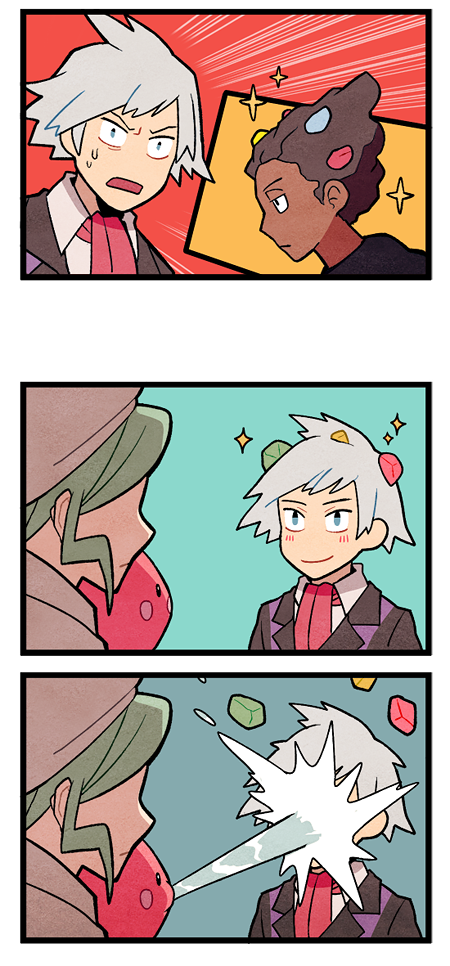 3koma bad_id bad_twitter_id blush brown_hair comic dark_skin dark_skinned_male gem gen_3_pokemon gojya grey_hair looking_at_another luvdisc mikuri_(pokemon) multiple_boys open_mouth pokemon pokemon_(creature) pokemon_(game) pokemon_rse pokemon_xy rock silent_comic smile sparkle spiked_hair sweat tsuwabuki_daigo water zakuro_(pokemon)