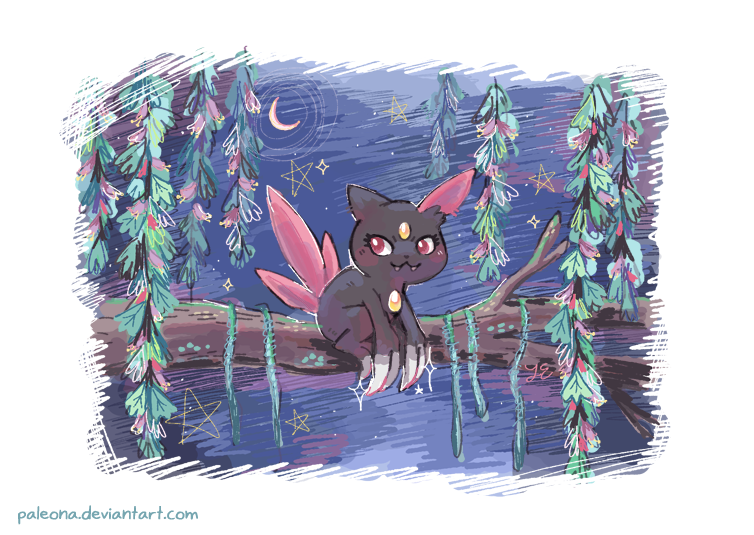 branch claws commentary creature crescent_moon english_commentary eyelashes fangs gen_2_pokemon looking_away looking_to_the_side moon night night_sky no_humans outdoors paleona pokemon pokemon_(creature) sitting sitting_on_branch sky sneasel solo star_(sky) starry_sky watermark web_address