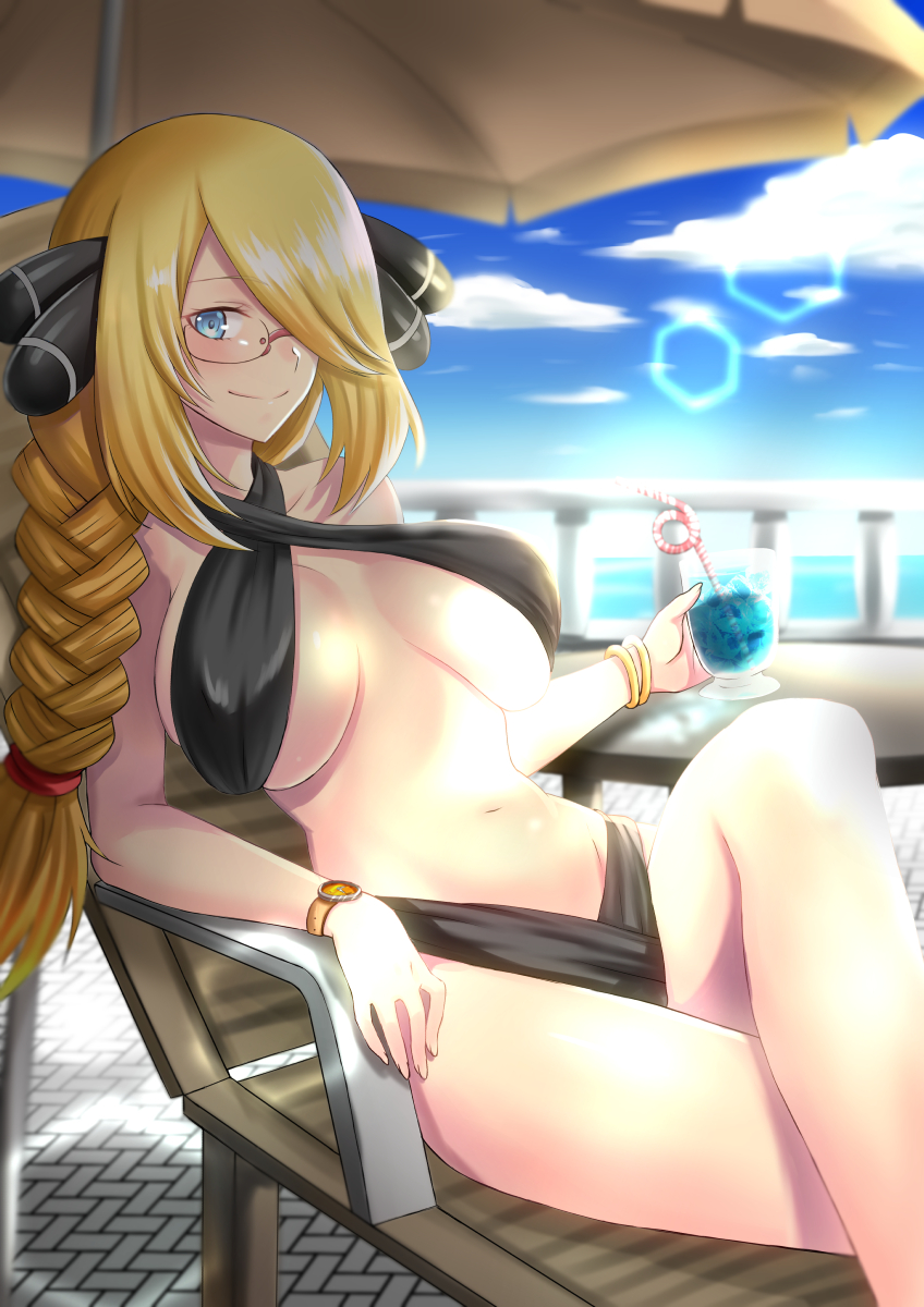 beach_umbrella bespectacled black_swimsuit blonde_hair blue_eyes braid breasts chair commentary_request drink glasses hair_ornament hair_over_one_eye hair_over_shoulder highres large_breasts lens_flare long_hair looking_at_viewer lounge_chair pokemon pokemon_(game) pokemon_dppt railing shirona_(pokemon) single_braid slingshot_swimsuit solo swimsuit table takecha umbrella watch wristwatch