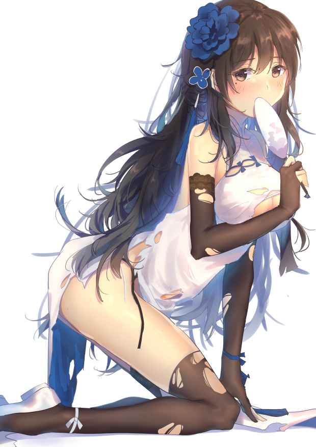 alternate_costume arm_support ass bangs black_hair blue_ribbon blush breasts bridal_gauntlets brown_gloves brown_legwear china_dress chinese_clothes covered_mouth damaged dress eyebrows_visible_through_hair fan flower garter_straps girls_frontline gloves hair_between_eyes hair_flower hair_ornament hairband holding holding_fan katee kneeling lace lace-trimmed_thighhighs large_breasts leaning_forward leg_ribbon long_hair looking_at_viewer messy_hair mole mole_under_eye panties paper_fan pelvic_curtain pumps qbz-95_(girls_frontline) ribbon side-tie_panties sidelocks simple_background solo thighhighs thighs torn_clothes uchiwa underwear very_long_hair white_background white_footwear white_panties white_ribbon wide_sleeves wrist_ribbon yellow_eyes