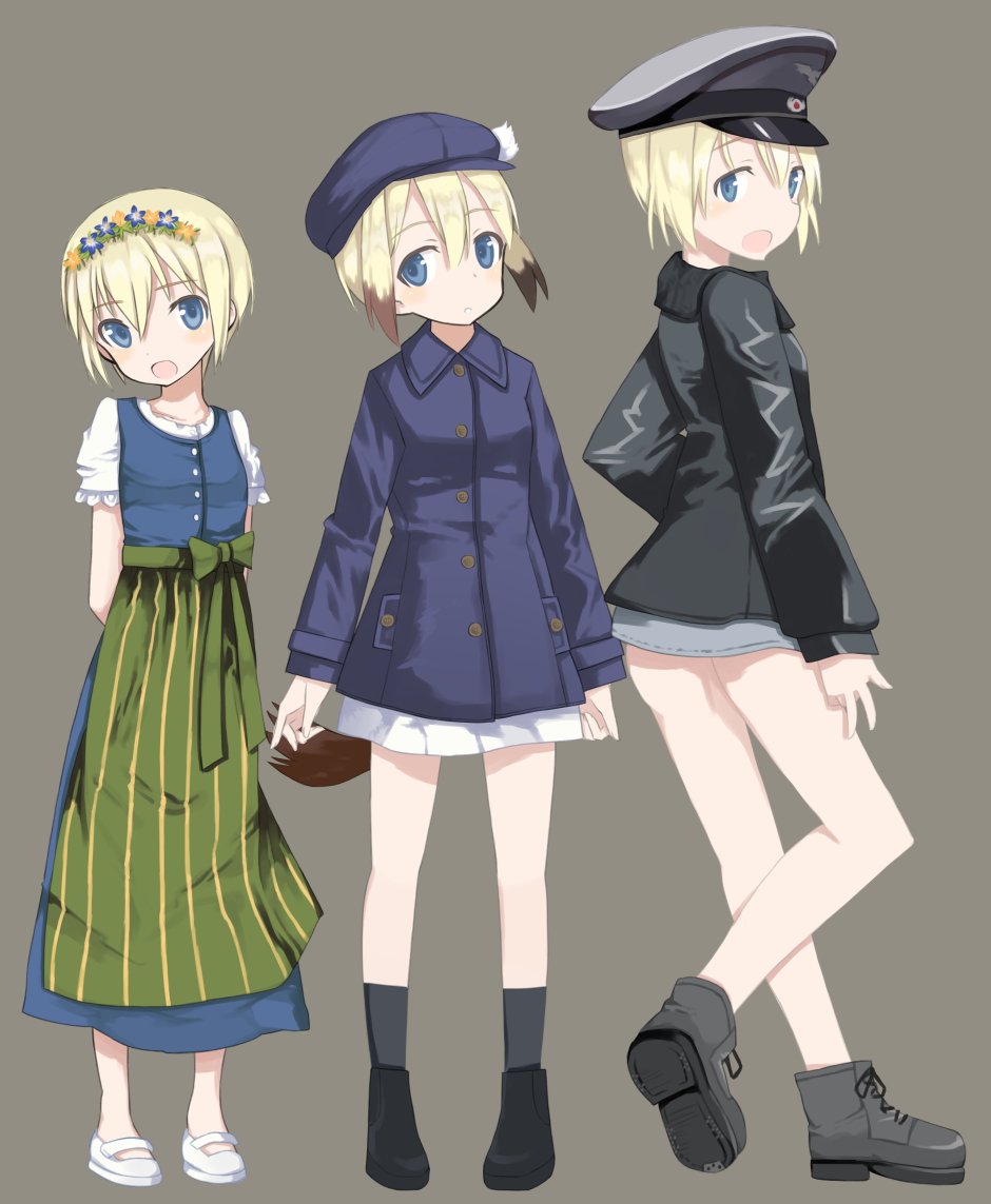 age_progression alternate_costume ankle_boots apron arms_behind_back bad_id bad_twitter_id blonde_hair blue_eyes blush boots cabbie_hat dirndl dress erica_hartmann german_clothes grey_background happy hat head_tilt head_wreath jacket leather leather_jacket looking_at_viewer looking_back military military_uniform morita_(mmmoritannn) multicolored_hair open_mouth peaked_cap pleated_skirt school_uniform short_hair skirt smile strike_witches traditional_clothes uniform waist_apron world_witches_series younger