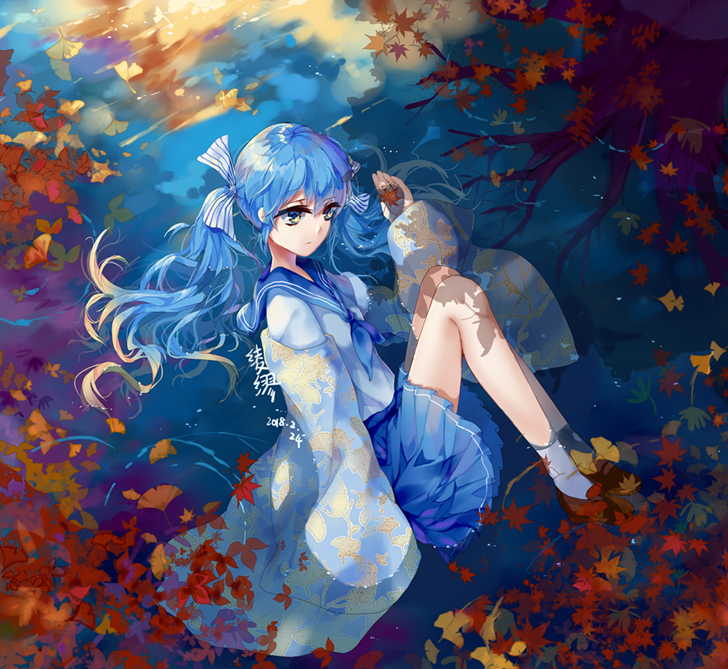 artist_name autumn_leaves blue_eyes blue_hair blue_neckwear blue_skirt bow closed_mouth dated eyebrows_visible_through_hair hair_bow leaf ling_mou looking_away maple_leaf neckerchief original school_uniform skirt sleeves_past_wrists socks solo twintails white_legwear
