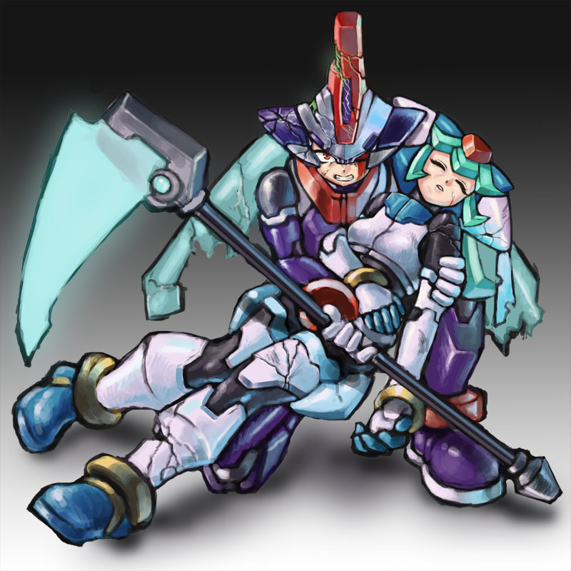 1girl android angry armor blood broken_helmet brother_and_sister closed_eyes commentary_request drill_(emilio) energy_blade full_body gradient gradient_background helmet holding holding_person holding_weapon injury one_eye_closed pandora_(rockman) prometheus rockman rockman_zx rockman_zx_advent scythe serious siblings unconscious weapon
